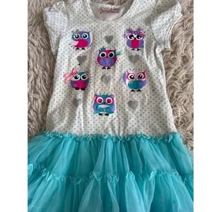 Beautees Girls Owl Polka Dot Tiered Tulle Tutu Dress Teal Pink Size 6